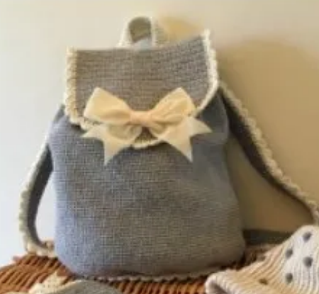 Gray Crochet Backpack with White Bow