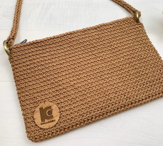 Elegant Beige Crochet Clutch with Wooden Emblem