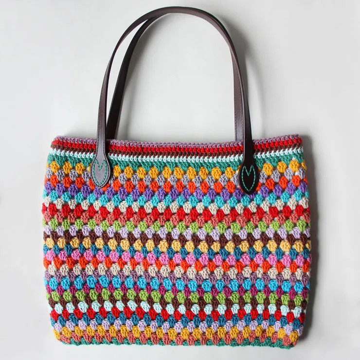 Vibrant Crochet Tote with Leather Handle