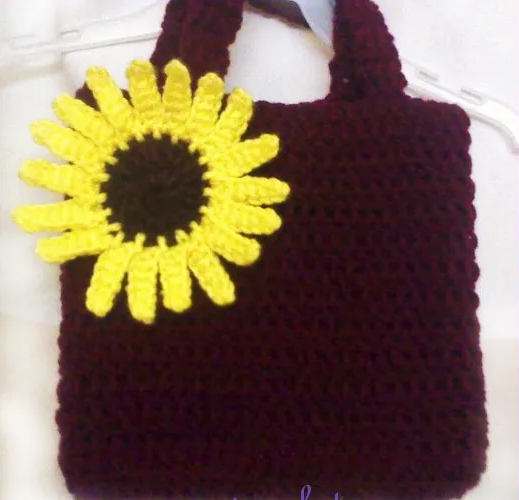 Maroon Crochet Handbag with Sunflower Accent