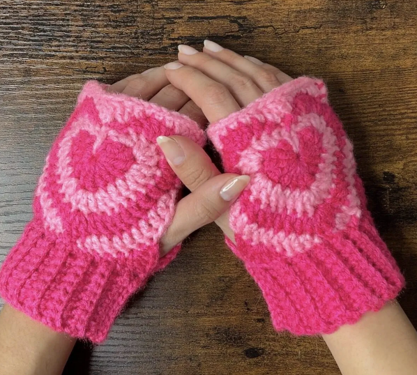 Pink Heart Crochet Fingerless Gloves