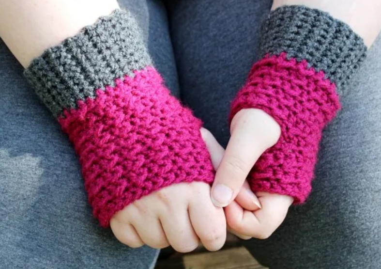 Vibrant Pink and Gray Fingerless Gloves