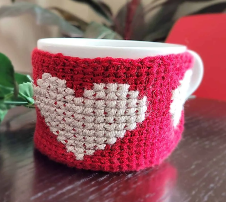 Tunisian Crochet Heart Coaster and Mug Cozy