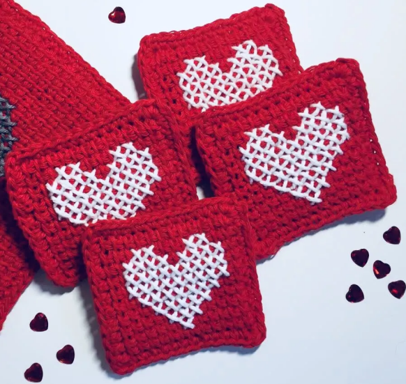 Tunisian Crochet Heart Coaster Pattern