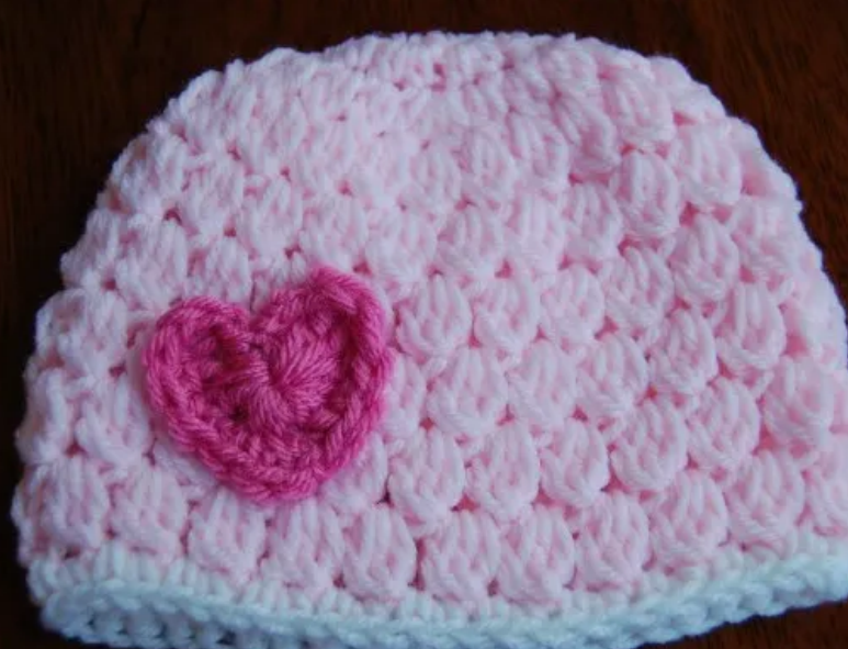 Pink Crochet Hat with Heart Applique