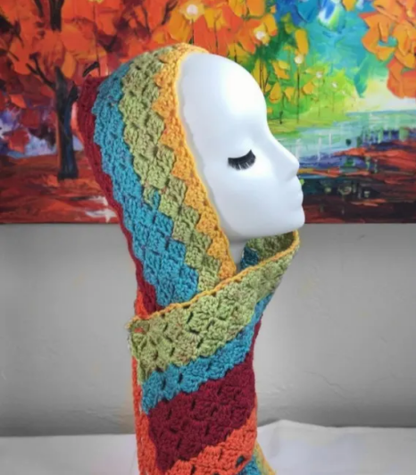 Crochet Rainbow Pattern Hooded Scarf