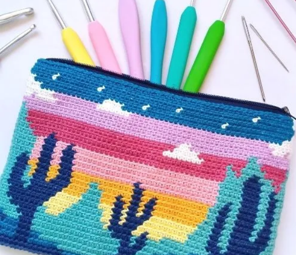 Colorful Desert Cacti Crochet Pouch Pattern