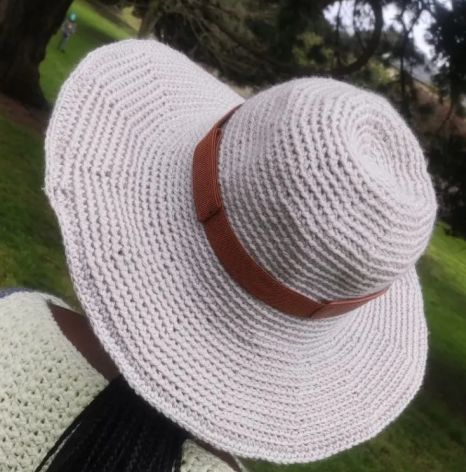 Light Gray Crochet Sun Hat with Brown Band