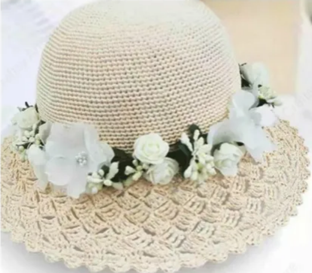 Elegant Crochet Summer Hat with Floral Brim