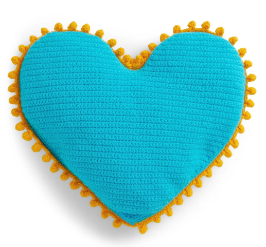 Turquoise Heart Pillow with Yellow Pom Poms